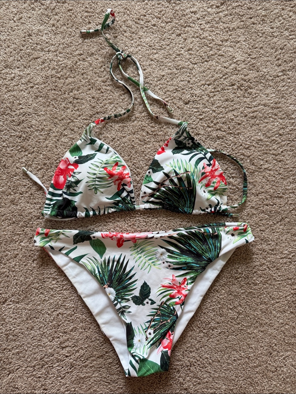 Tropical Floral Triangle Bikini Set - White, Green & Coral
